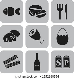 Set of 9 food related flat icons. Handsome background. Intense illustration. 
