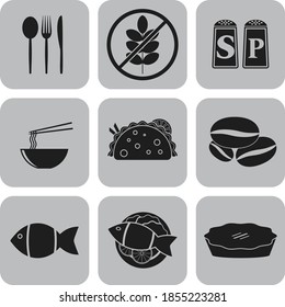Set of 9 food related flat icons. Graceful background. Artistic illustration. 