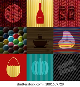 Set of 9 food related flat icons. Chic background. Illustration. 