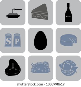 Conjunto de 9 iconos planos relacionados con alimentos. Gracioso fondo. Ilustración artística. 