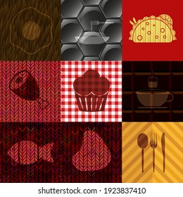 Set of 9 food related flat icons. Handsome background. Vector illustration. 
