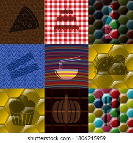 Set of 9 food related icons. Fashionable background. Intense illustration. 