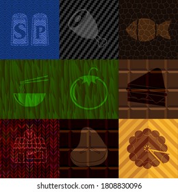 Set of 9 food related icons. Chic background. Intense illustration. 