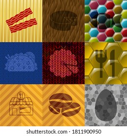 Set of 9 food related icons. Chic background. Illustration. 