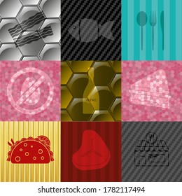 Juego de 9 íconos planos de comida o restaurante. Delicado fondo. Ilustración vectorial. 
