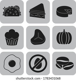 Set of 9 food or restaurant flat icons. Chic background. Vector illustration. 