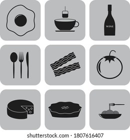 Set of 9 food or restaurant flat icons. Fashionable background. Artistic illustration. 