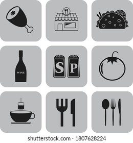 Juego de 9 íconos planos de comida o restaurante. Lujoso entorno. Ilustración. 