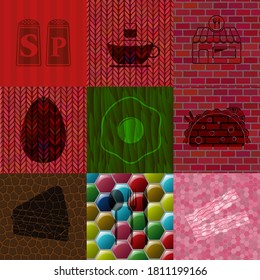 Set of 9 food or restaurant flat icons. Exquisite background. Artistic illustration. 