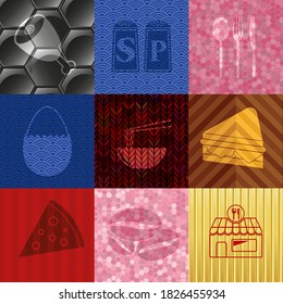 Set of 9 food or restaurant flat icons. Classic background. Artistic illustration. 