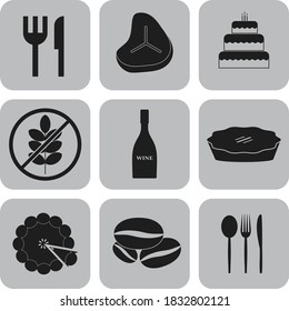 Set of 9 food or restaurant flat icons. Classic background. Vector illustration. 