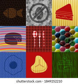 Set von 9 Speisen oder Restaurant flache Symbole. Feiner Hintergrund. Intensive Illustration. 