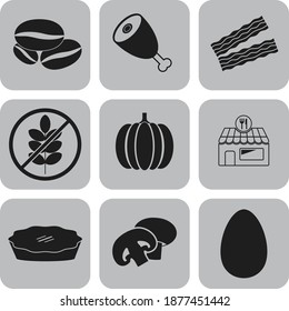 Juego de 9 íconos planos de comida o restaurante. Bonito fondo. Ilustración vectorial. 