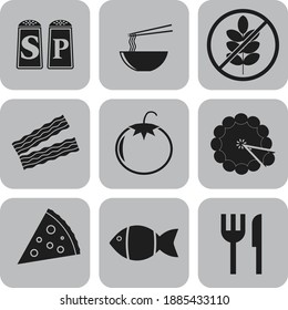 Juego de 9 íconos planos de comida o restaurante. Lujoso entorno. Ilustración. 