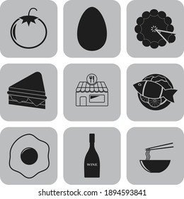 Set of 9 food or restaurant flat icons. Chic background. Intense illustration. 