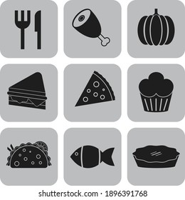 Set of 9 food or restaurant flat icons. Fancy background. Vector illustration. 