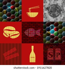 Set of 9 food or restaurant flat icons. Luxurious background. Illustration. 