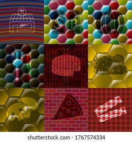 Set of 9 food or restaurant icons. Chic background. Intense illustration. 