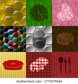 Set of 9 food or restaurant icons. Delicate background. Intense illustration. 