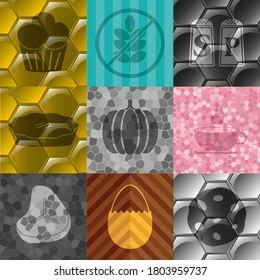 Set of 9 food or restaurant icons. Delicate background. Illustration. 