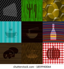 Set of 9 food or restaurant icons. Classic background. Vector illustration. 