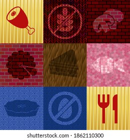 Set of 9 food or restaurant icons. Delicate background. Illustration. 