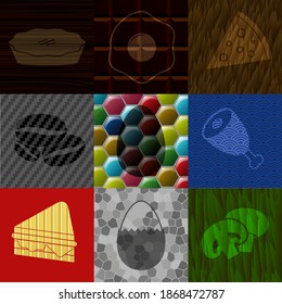Set of 9 food or restaurant icons. Graceful background. Illustration. 