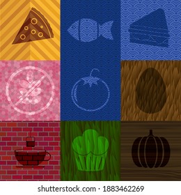 Set of 9 food or restaurant icons. Handsome background. Illustration. 