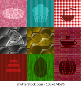 Set of 9 food or restaurant icons. Graceful background. Artistic illustration. 