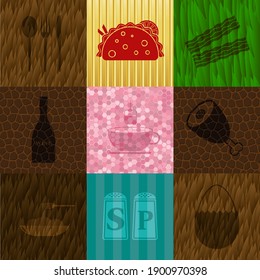 Set of 9 food or restaurant icons. Luxurious background. Intense illustration. 