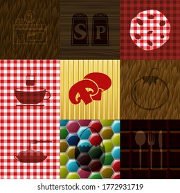 Set of 9 food or restaurant related icons. Delicate background. Illustration. 