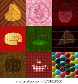 Set of 9 food or restaurant related icons. Graceful background. Vector illustration. 