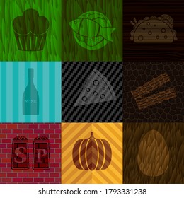 Set of 9 food or restaurant related flat icons. Exquisite background. Artistic illustration. 