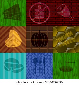 Set of 9 food or restaurant related icons. Exquisite background. Vector illustration. 