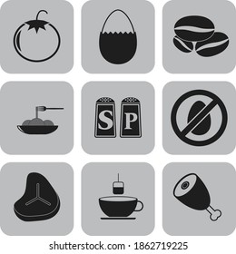 Set of 9 food or restaurant related flat icons. Delicate background. Intense illustration. 