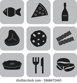 Set of 9 food or restaurant related icons. Classic background. Vector illustration. 