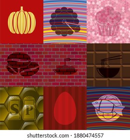 Set of 9 food or restaurant related flat icons. Graceful background. Vector illustration. 