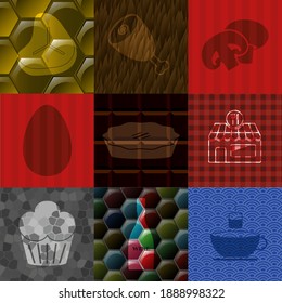 Set of 9 food or restaurant related flat icons. Exquisite background. Illustration. 