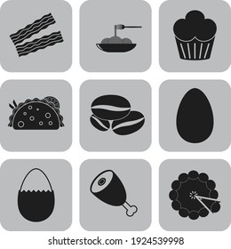 Set of 9 food or restaurant related icons. Graceful background. Illustration. 