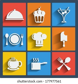 Set of 9 food vector web and mobile icons in flat design. Symbols of cocktail, cake, toques, ice cream, spoon, fork, plate, coffee, cup, pan