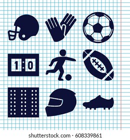 Set of 9 football filled icons such as field, gloves, sport score, helmet, soccer trainers, football player