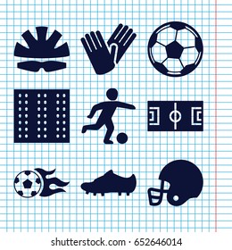 Set of 9 football filled icons such as field, gloves, football ball, helmet, soccer trainers