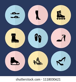 Set of 9 footwear filled icons such as heel sandals, slippers, shoe, ice skate, boot, woman boot, flip flops