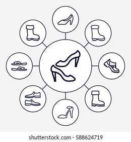 Set of 9 footwear outline icons such as boot, heel sandals, slippers, man shoe, shoe