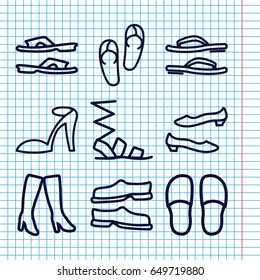 Set of 9 footwear outline icons such as flip flops, heel sandals, slippers, sandals, shoe