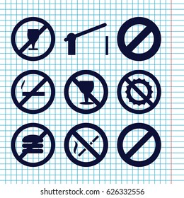 Set of 9 forbidden filled icons such as no alcohol, no brightness, prohibited