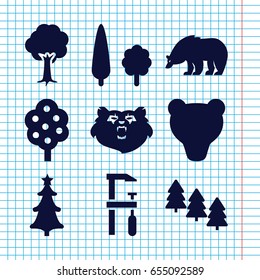 Set of 9 forest filled icons such as tree, pine tree, bear, chainsaw