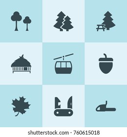 Set of 9 forest filled icons such as tree, acorn, acer leaf, chainsaw, cable car, forest house