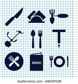 Set of 9 fork filled icons such as gardening tool, spoon and fork, napkin, menu