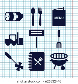 Set of 9 fork filled icons such as sausage, forklift, pitchfork, gardening tool, bbq, menu